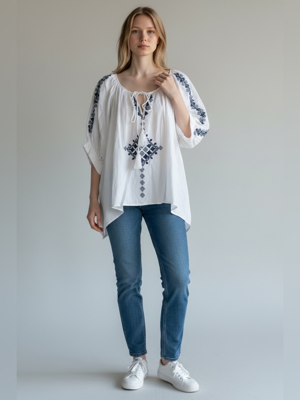 Chelsea and Theodore Boho White and Blue Embroidered Top Blouse